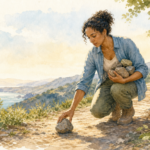 Watercolor illustration of a person setting down a heavy stone on a trail
