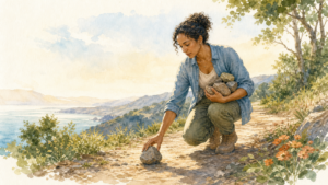 Watercolor illustration of a person setting down a heavy stone on a trail