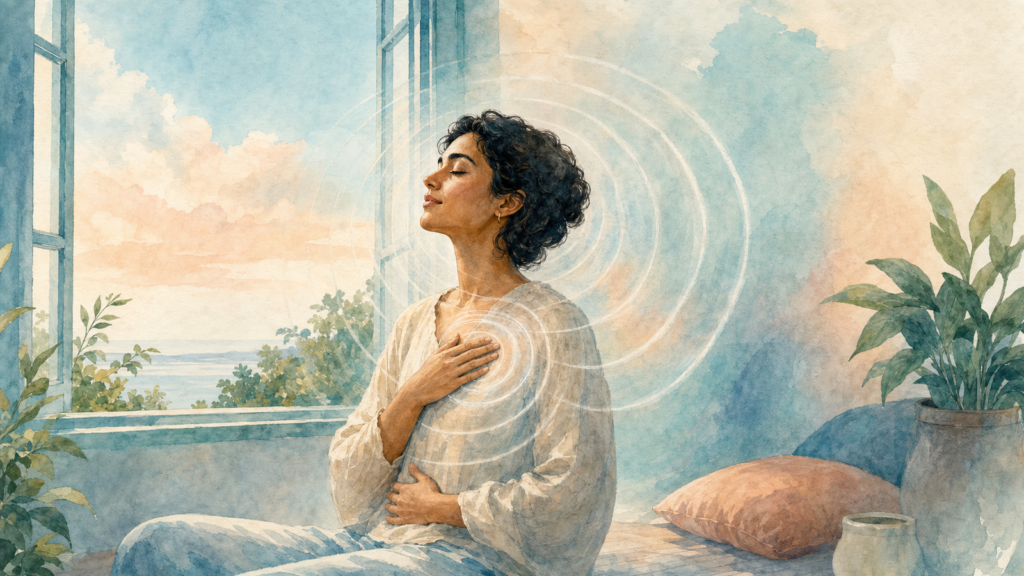 Watercolor illustration of a person allowing body sensations to pass like soft ripples