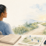 Watercolor illustration of a completed assessment beside a map of possible next steps