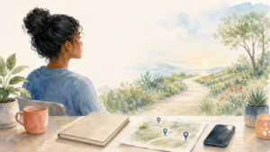 Watercolor illustration of a completed assessment beside a map of possible next steps