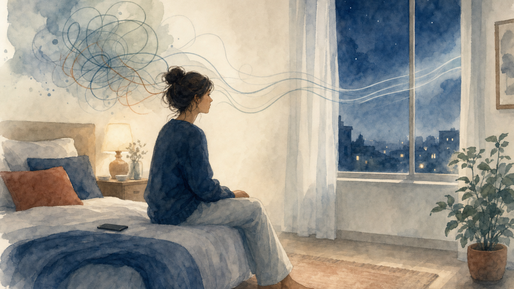 Watercolor illustration of a thoughtful person sitting on a bed at night with a phone face-down beside them, soft looping lines above their head