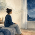 Watercolor illustration of a thoughtful person sitting on a bed at night with a phone face-down beside them, soft looping lines above their head
