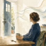 Watercolor illustration of a person at a kitchen table with a mug and a house key, the front door slightly open behind them, soft lines settling across the room