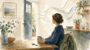 Watercolor illustration of a person at a kitchen table with a mug and a house key, the front door slightly open behind them, soft lines settling across the room