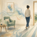 Watercolor illustration of a person in a bright room with two chairs taking a small step toward an open door, soft lines trailing behind them