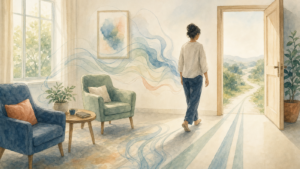 Watercolor illustration of a person in a bright room with two chairs taking a small step toward an open door, soft lines trailing behind them