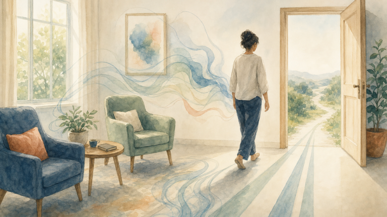 Watercolor illustration of a person in a bright room with two chairs taking a small step toward an open door, soft lines trailing behind them