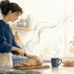 Watercolor illustration of a person calmly slicing bread at a kitchen counter in morning light, a child's drawing on the fridge, soft lines dissolving toward the window