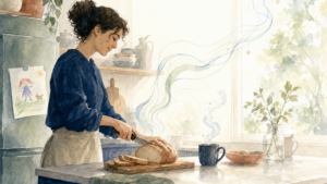 Watercolor illustration of a person calmly slicing bread at a kitchen counter in morning light, a child's drawing on the fridge, soft lines dissolving toward the window