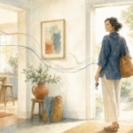 Watercolor illustration of a person at an open front door in morning light holding keys, with soft ribbon-like lines drifting from the kitchen behind toward the doorway