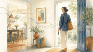 Watercolor illustration of a person at an open front door in morning light holding keys, with soft ribbon-like lines drifting from the kitchen behind toward the doorway