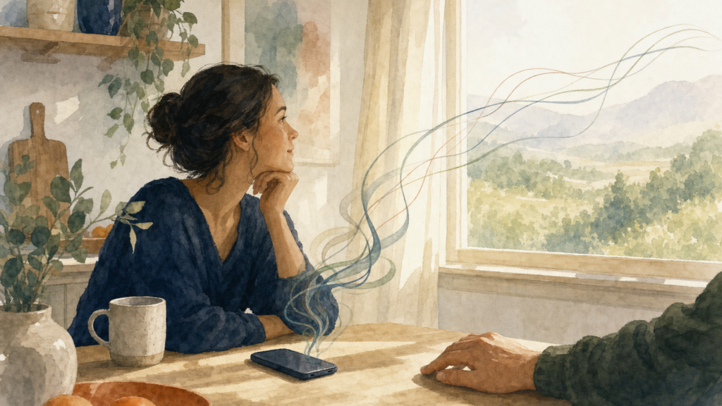 Watercolor illustration of a person at a kitchen table in morning light, phone face-down beside a mug, with soft looping lines rising from the phone and straightening toward a window