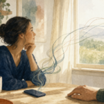 Watercolor illustration of a person at a kitchen table in morning light, phone face-down beside a mug, with soft looping lines rising from the phone and straightening toward a window