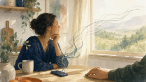 Watercolor illustration of a person at a kitchen table in morning light, phone face-down beside a mug, with soft looping lines rising from the phone and straightening toward a window