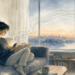 Watercolor illustration of a person on a sofa at night holding a glowing phone, with soft looping lines drifting from the phone toward a window at dawn