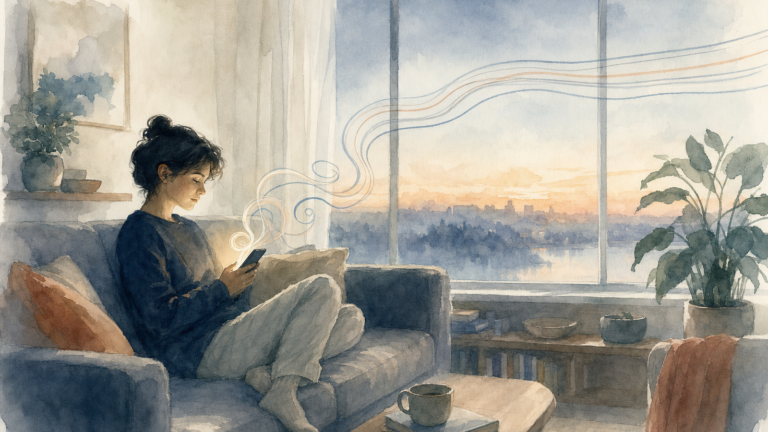 Watercolor illustration of a person on a sofa at night holding a glowing phone, with soft looping lines drifting from the phone toward a window at dawn