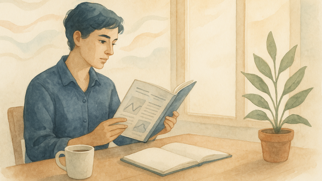 Watercolor illustration of a person calmly reading a research journal by a window, with coffee and a notebook
