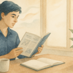 Watercolor illustration of a person calmly reading a research journal by a window, with coffee and a notebook