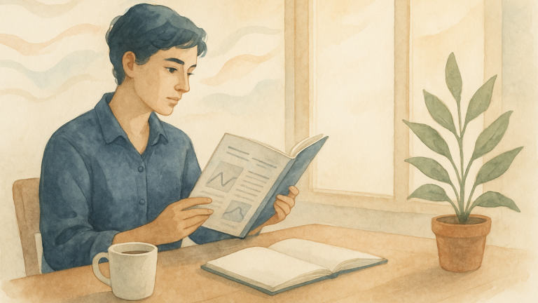 Watercolor illustration of a person calmly reading a research journal by a window, with coffee and a notebook