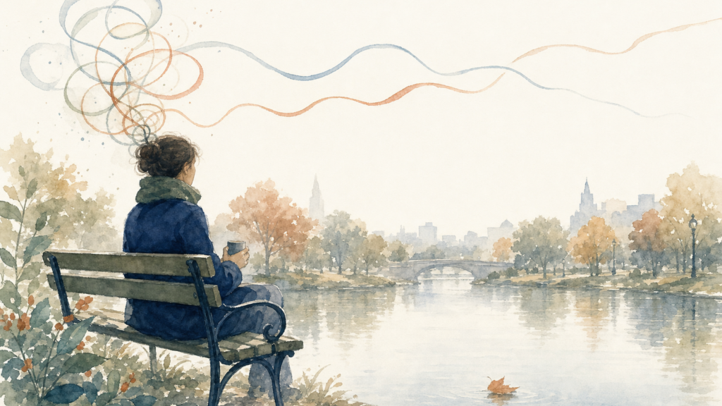 Watercolor illustration of a person sitting on a park bench in morning light watching a leaf drift on a pond, with soft looping lines above their head separating into two strands