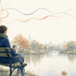 Watercolor illustration of a person sitting on a park bench in morning light watching a leaf drift on a pond, with soft looping lines above their head separating into two strands