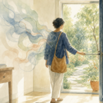 Watercolor illustration of a person opening a sunlit front door to step outside, carrying a loose cloud of looping lines beside them