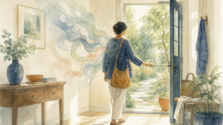 Watercolor illustration of a person opening a sunlit front door to step outside, carrying a loose cloud of looping lines beside them