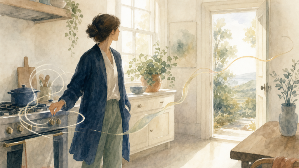Watercolor illustration of a person in a coat turning away from a kitchen stove toward an open doorway, with looping lines around the stove loosening into a single ribbon