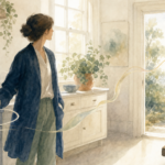 Watercolor illustration of a person in a coat turning away from a kitchen stove toward an open doorway, with looping lines around the stove loosening into a single ribbon