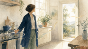 Watercolor illustration of a person in a coat turning away from a kitchen stove toward an open doorway, with looping lines around the stove loosening into a single ribbon