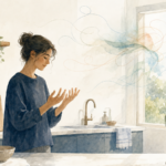 Watercolor illustration of a person at a sunlit kitchen counter looking at their clean hands while a soft cloud of looping lines drifts out of an open window