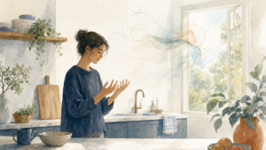 Watercolor illustration of a person at a sunlit kitchen counter looking at their clean hands while a soft cloud of looping lines drifts out of an open window