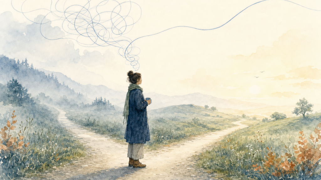 Watercolor illustration of a person with a mug standing calmly at a misty crossroads, looping lines above them unwinding into one calm line
