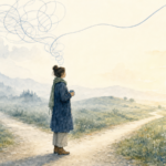Watercolor illustration of a person with a mug standing calmly at a misty crossroads, looping lines above them unwinding into one calm line