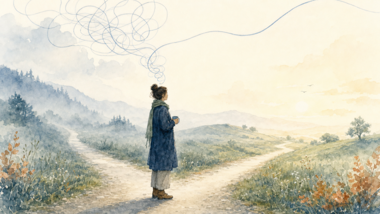 Watercolor illustration of a person with a mug standing calmly at a misty crossroads, looping lines above them unwinding into one calm line