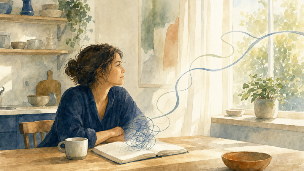 Watercolor illustration of a person at a kitchen table by a window, with a tangle of looping lines above an open notebook loosening into a single calm ribbon