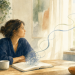Watercolor illustration of a person at a kitchen table by a window, with a tangle of looping lines above an open notebook loosening into a single calm ribbon