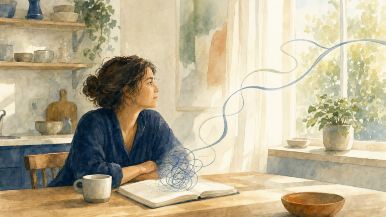 Watercolor illustration of a person at a kitchen table by a window, with a tangle of looping lines above an open notebook loosening into a single calm ribbon