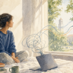 Watercolor illustration of a student on a dorm bed by a bright window, with a tangle of looping lines above a laptop loosening into a single calm ribbon