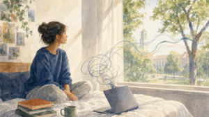 Watercolor illustration of a student on a dorm bed by a bright window, with a tangle of looping lines above a laptop loosening into a single calm ribbon