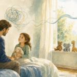 Watercolor illustration of a parent sitting on a young child's bed in morning light, toys lined up on the windowsill, a tangle of lines above the child loosening into one calm ribbon toward the window