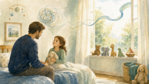 Watercolor illustration of a parent sitting on a young child's bed in morning light, toys lined up on the windowsill, a tangle of lines above the child loosening into one calm ribbon toward the window
