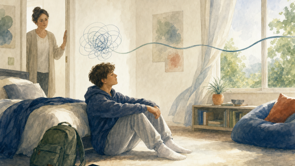 Watercolor illustration of a teenager sitting on a bedroom floor with a parent at the door, a tangle of looping lines above the teen loosening into one calm ribbon toward an open window