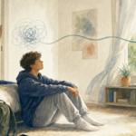 Watercolor illustration of a teenager sitting on a bedroom floor with a parent at the door, a tangle of looping lines above the teen loosening into one calm ribbon toward an open window