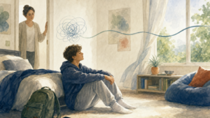 Watercolor illustration of a teenager sitting on a bedroom floor with a parent at the door, a tangle of looping lines above the teen loosening into one calm ribbon toward an open window