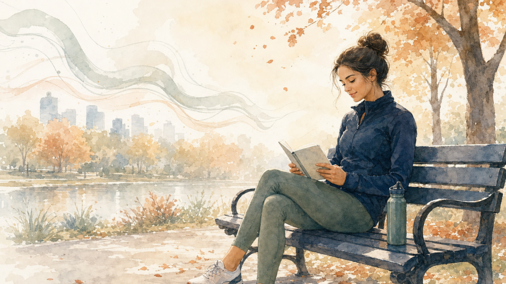Watercolor illustration of a woman in running clothes resting on a park bench and reading, with autumn trees behind her