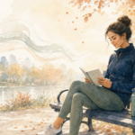 Watercolor illustration of a woman in running clothes resting on a park bench and reading, with autumn trees behind her