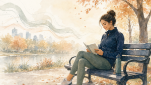 Watercolor illustration of a woman in running clothes resting on a park bench and reading, with autumn trees behind her