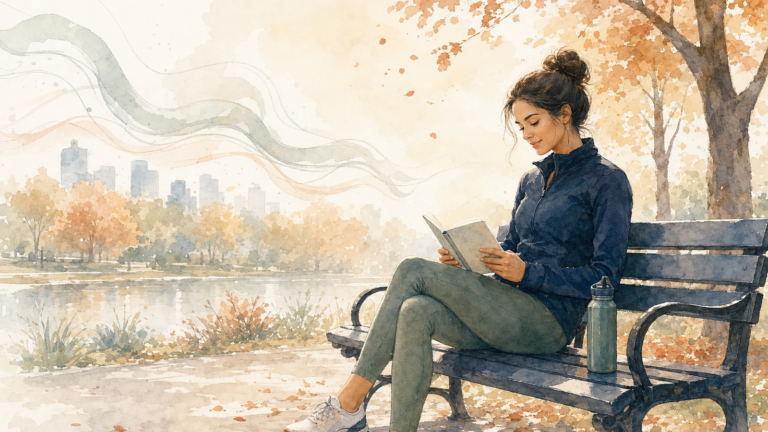 Watercolor illustration of a woman in running clothes resting on a park bench and reading, with autumn trees behind her